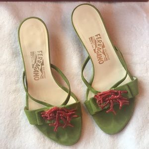 Salvatore ferragamo green and coral heeled sandal